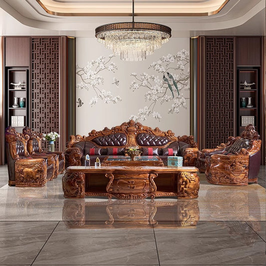 W03 European Hand-Carved Top-Grain Leather Sofa
