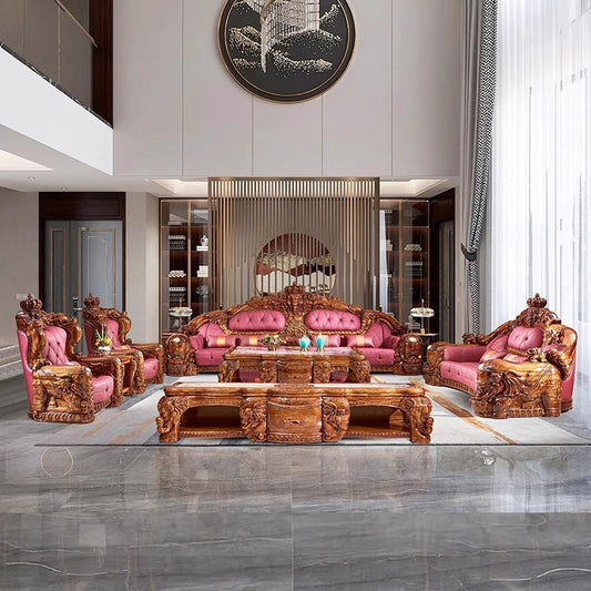 W01 European Ebony Wood Genuine Leather Sofa Set